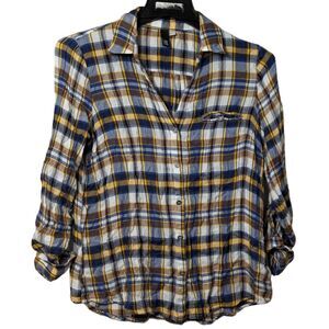 Kut From The Kloth Women's Shirt Size Medium Blue Plaid Button Up Long Sleeves